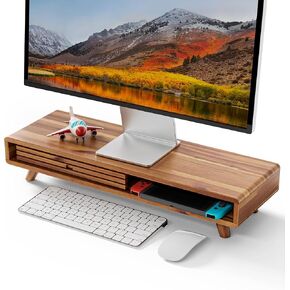 Tinamo Acacia Monitor Stand Riser with Sliding Door - Wooden Monitor Riser for Desk - Computer Monitor Stand for Desk - Multi-Purpose Desktop Storage Stand for Computer; Laptop; TV(24.4 " x 8" x 5")