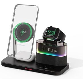 Qi2 Certified 3 in 1 Wireless Charger,25W Magnetic Wireless Charging Station RGB Alarm Clock,Nightstand Charging Station for iPhone 16/15/14/13, iWatch Ultra10/9/8/7/6, Pods 4/3/2/Pro (Black)