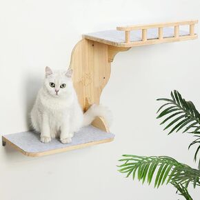 Wall Mounted Cat Shelves for Inside,2-Levels Wall Perch with Scratching Mat,Solid Pine Wood Floating Furniture for Climb,Lounge and Sleep (Left)