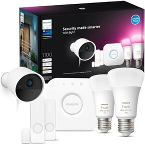 Philips Hue Secure Starter Kit With (1) Bridge, (1) Secure Wired Camera (White), (2) Secure Contact Sensor (White), (2) 75W A19 Bulb, White & Color Ambiance - Works With Security Center in the Hue App