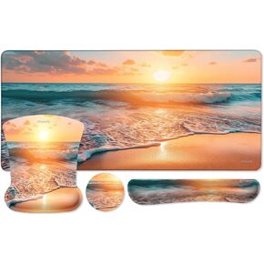 MOSISO Desk Pad Mat Keyboard Mouse Pad Set, Large Gaming Mouse Pad&Keyboard Wrist Rest&Mouse Pad with Wrist Rest&Coaster, Ergonomic Non-Slip Mousepad with Memory Foam for Home Office, Sunrise Beach