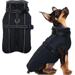 PUMYPOREITY Small Dog Jacket with Reflective Harness, Waterproof Dog Winter Coat, Adjustable Dog Winter Clothes, Fleece Dog Coat, Black, S
