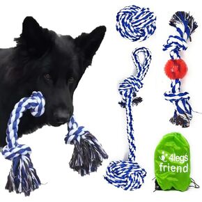 Rope Toys for Large Dogs & Puppies 4-Pack – Natural Cotton Rubber Tug-of-War Toy Set – Tough Dog Toys for Aggressive Chewers Improve Dental Hygiene – Machine-Washable Dog Rope Toy Ropes