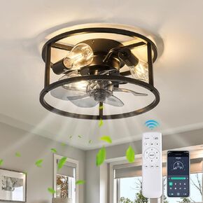VCJYXZC Black Caged Ceiling Fan with Lights Flush Mount Ceiling Fan with Remote Control 18 Inch Industry Metal Low Profile Fan for Farmhouse Dining Room Bedroom Kitchen Living Room