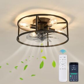 VCJYXZC Black Caged Ceiling Fan with Lights Flush Mount Ceiling Fan with Remote Control 18 Inch Industry Metal Low Profile Fan for Farmhouse Dining Room Bedroom Kitchen Living Room