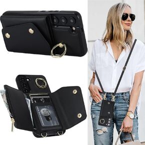 for Samsung Galaxy S22 Plus (Not S22 / S22 Ultra) Case for Women, Crossbody Wallet Case with Credit Card Holder Lanyard Shockproof Purse Kickstand Case for Samsung S22 Plus.Crossbody Black