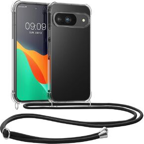 kwmobile Crossbody Case Compatible with Google Pixel 9 / Pixel 9 Pro Case - Clear TPU Phone Cover w/Lanyard Cord Strap - Transparent/Black