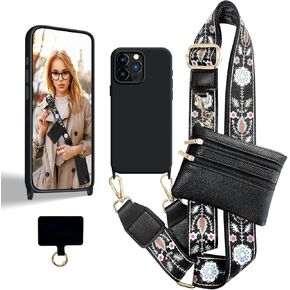 Clip and Go Strap with Zippered Pouch for iPhone 15 Pro Case, Crossbody iPhone Case with Strap Wallet Adjustable Neck Lanyard for iPhone 15 Pro 6.1'' Black