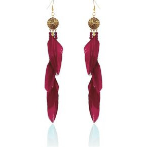 Bohemian Feather Earrings Gold Plated Handmade Boho Colorful Seed Beaded Feathers Long Chain Tassel Lightweight Dangle Drop Earrings for Women Girls Ethnic Style Wedding Bridal Vacation Fashion Jewelry Gifts