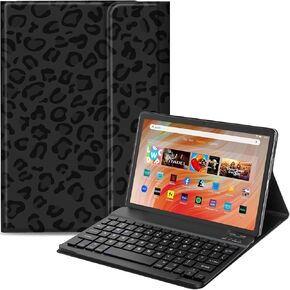 Keyboard Case for Amazon Fire HD 10 Tablet (13th/11th Generation,2023/2021 Release) 10.1", PU Leather Stand Cover with Detachable Bluetooth Keyboard, Black Leopard Print