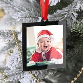 UNIQOOO 8 Pcs Christmas Acrylic Gold Photo Frame Ornaments for Display Picture, 2.5 x 2.5 inch Festive Hanging Decoration, Double-Sided Picture Frames for Holiday Season, Home, Party, Xmas Tree Decor