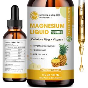 Magnesium Glycinate Liquid, 1000mg Magnesium Liquid Supplement with Cellulose Fiber, Bromelain, Vitamin B6, C, D, Zinc, Magnesium Liquid Drops for Kids and Adults, Strawberry Flavor, 2 Pack