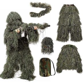 Ghillie Suit 5 in 1, Ghillie Suit for Men/Kids/Women, 3D Camouflage Hunting Apparel Including Jacket, Pants, Hood, Carry Bag, Gift for Hunter, Halloween Costumes