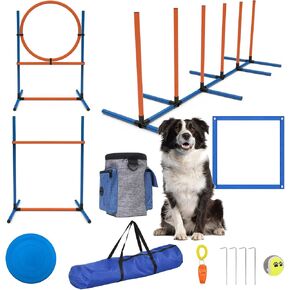 4 Sets Pets Agility Training Equipment, Obstacle Training Course Kit, Adjustable Dog Hoop, Dog Jump, Weave and Blind Poles and Pause Box for Dog Obstacle Course Outdoor Game
