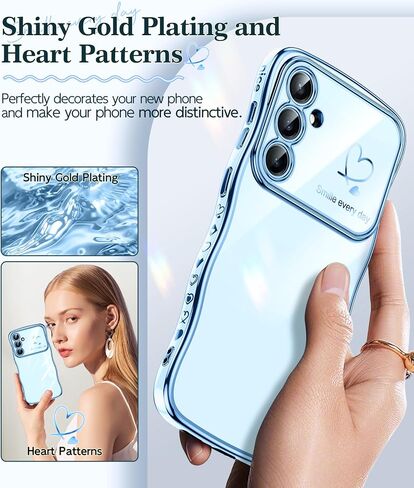 LeYi for Samsung Galaxy S23-FE Case: with Glass Screen Protector, Full Camera Protection Wavy Curvy Luxury Plated Gold Edge Love Heart Cute Girly Shockproof Phone Case Cover Samsung S23FE, Black in Saudi Arabia