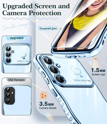 LeYi for Samsung Galaxy S23-FE Case: with Glass Screen Protector, Full Camera Protection Wavy Curvy Luxury Plated Gold Edge Love Heart Cute Girly Shockproof Phone Case Cover Samsung S23FE, Black in Saudi Arabia