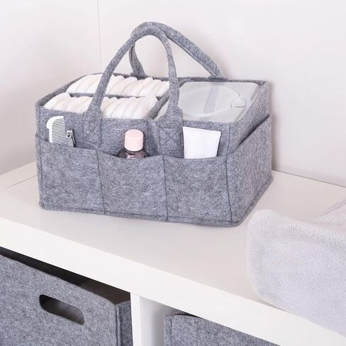 Sammy & Lou Collapsible Light Gray Felt Storage Caddy, Divided Design To Keep Diapers, Wipes And Changing Items Organized, Two Handles, 11.5"D x 6"W x 8"H in Saudi Arabia