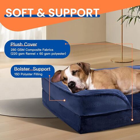 Orthopedic Dog Bed,Supportive Memory Foam Waterproof Dog Sofa with Removable Washable Cover and Nonskid Bottom,Soft Pet Bed with Zipper and Bolster (Navy,Large) in Saudi Arabia