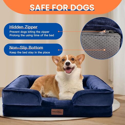 Orthopedic Dog Bed,Supportive Memory Foam Waterproof Dog Sofa with Removable Washable Cover and Nonskid Bottom,Soft Pet Bed with Zipper and Bolster (Navy,Large) in Saudi Arabia
