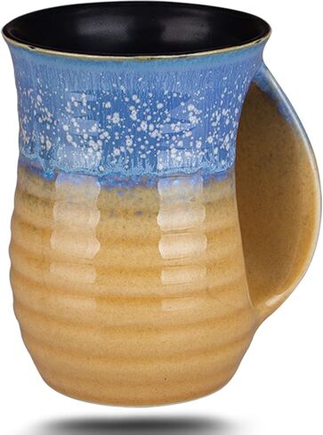 Hand Warmer Coffee Mug Handmade Pottery (UPGRADED) - 16 Ounce Large Hand Warming Mugs Ceramic Gift with Contoured Pocket, Keep Your Fingers Warmth, Right Handed in Saudi Arabia