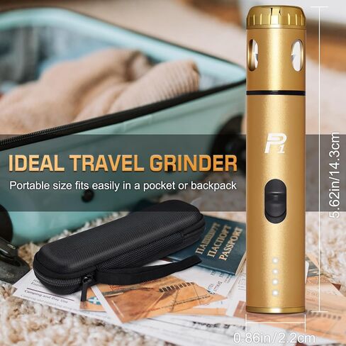 P1 Electric Herb and Spice Grinder. USB Rechargeable, Fast Grinding for Fresh Spices and Dry Flower Buds. Includes Portable Travel bag and Cleaning Brush Travel Set (Golden) in Kuwait