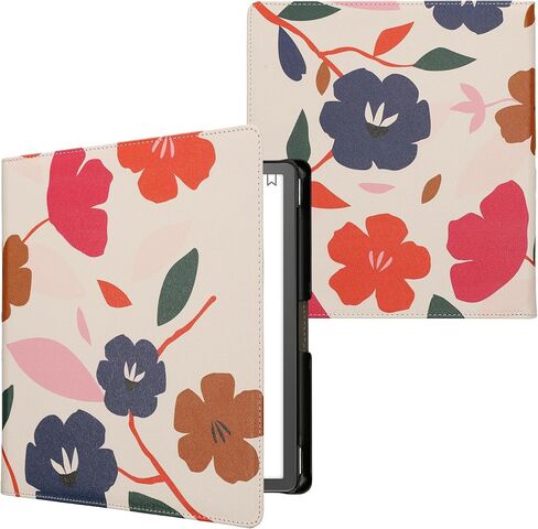 kwmobile Case Compatible with Amazon Kindle Scribe Case - PU Cover w/Strap - Colorful Flowers Dark Pink/Dark Blue/Cream in Saudi Arabia