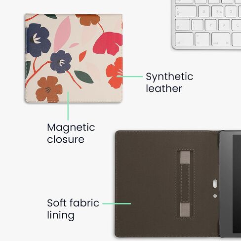 kwmobile Case Compatible with Amazon Kindle Scribe Case - PU Cover w/Strap - Colorful Flowers Dark Pink/Dark Blue/Cream in Saudi Arabia