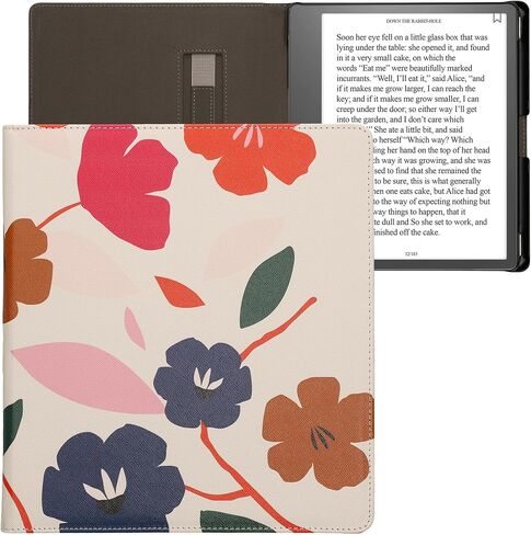 kwmobile Case Compatible with Amazon Kindle Scribe Case - PU Cover w/Strap - Colorful Flowers Dark Pink/Dark Blue/Cream in Saudi Arabia