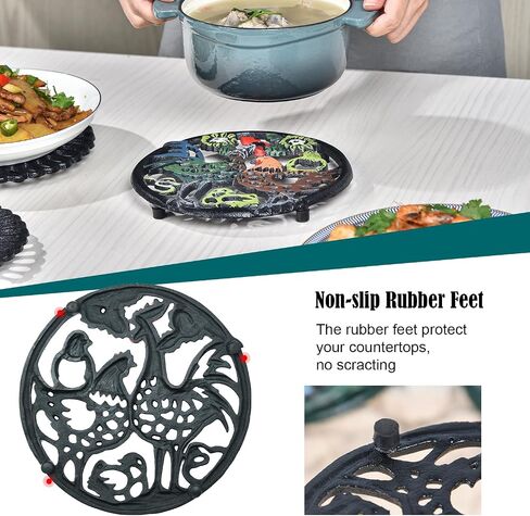 Sungmor Cast Iron Cute Fish Trivet for Wood Stove - Dia-7.5 Inch Dark Green Finish - Rustproof Round Stands for Hot Pots/Dishes/Pans - Decorative Metal Table Trivet for Kitchen Cooking in Saudi Arabia