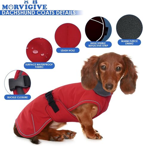 Dachshund Coat Warm Winter Dog Coat - Red, Medium - Dachshund Jacket with Fleece Lining, Waterproof Dog Coat Christmas Dachshund Snowsuit with Harness Hole and Adjustable Buckle Closure in Saudi Arabia