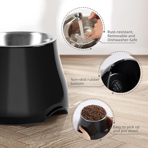 FluffyDream Elevated Dog Bowls, [Prevention of Vertebrae Disease] Non-Slip Dog Bowl with Stainless Steel Bowl, High Capacity Dog Food Bowls (DarkBlack 2 Packs, L (860ML / 3 Cups)) in Saudi Arabia