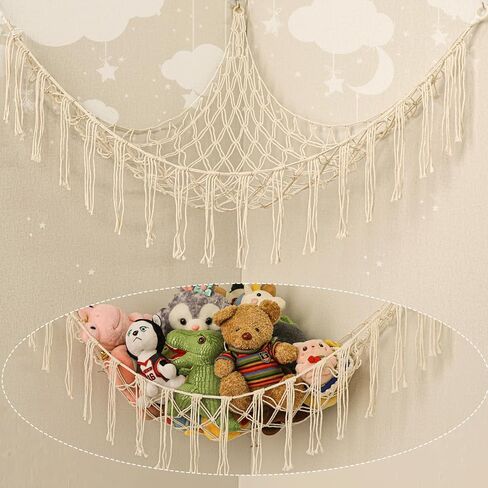 Stuffed Animal Hammock Corner, Hand-knitted Large Plushie Net Toy Hammock with Wooden Rings | Boho Cute Stuff Animal Storage for Nursery & Bedroom | Mesh Kids Toy Organizer Holder Nursery Room Decor in Kuwait