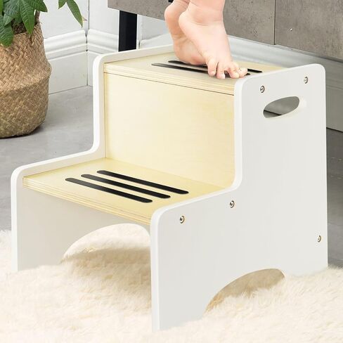 Wood City Wooden Toddler Step Stool for Kids, Bathroom Potty Stool & Kitchen Stool, Natural Two Step Stool for Bedroom, Children's Stool with Handles and Safety Non-Slip Pads in Saudi Arabia