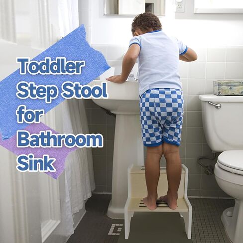 Wood City Wooden Toddler Step Stool for Kids, Bathroom Potty Stool & Kitchen Stool, Natural Two Step Stool for Bedroom, Children's Stool with Handles and Safety Non-Slip Pads in Saudi Arabia