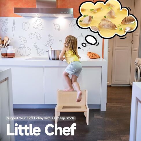 Wood City Wooden Toddler Step Stool for Kids, Bathroom Potty Stool & Kitchen Stool, Natural Two Step Stool for Bedroom, Children's Stool with Handles and Safety Non-Slip Pads in Saudi Arabia