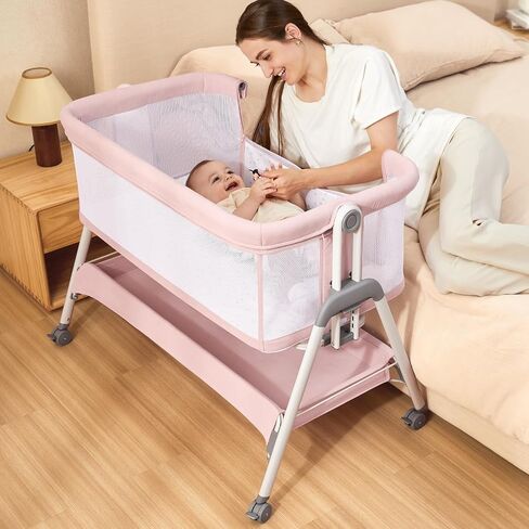 ANGELBLISS Baby Bassinet Bedside Sleeper, Easy Folding Portable Bassinet for Baby with Wheels, Adjustable Height, Included Mattress in Saudi Arabia