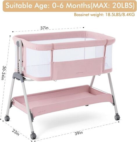 ANGELBLISS Baby Bassinet Bedside Sleeper, Easy Folding Portable Bassinet for Baby with Wheels, Adjustable Height, Included Mattress in Saudi Arabia