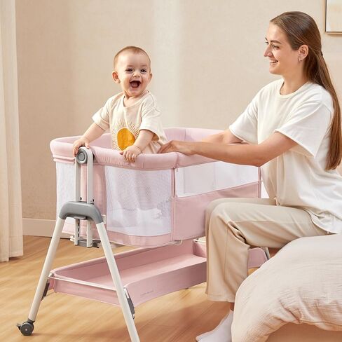 ANGELBLISS Baby Bassinet Bedside Sleeper, Easy Folding Portable Bassinet for Baby with Wheels, Adjustable Height, Included Mattress in Saudi Arabia