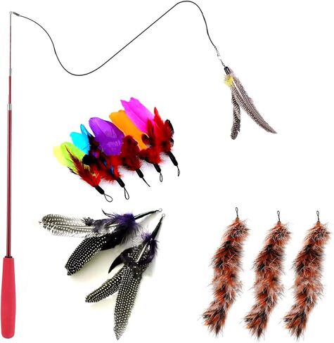 Cat Toy Wand - Retractable Cat Feather Wand Toy with 11 Cat Feather Refills, Funny Kitten Toys Cat Fishing Pole Toy for Indoor Cats Chase and Exercise in Saudi Arabia