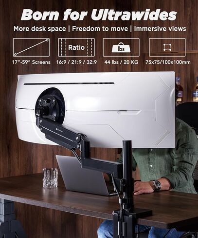 Heavy Duty Monitor Arm for Ultrawide Monitors up to 57" and 44 lbs, Single Desk Stand, Pneumatic Height Adjustable, Modular Extension Arms - Max VESA 100x100, Black, MA20P-S in Kuwait