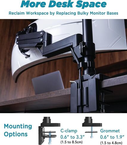 Heavy Duty Monitor Arm for Ultrawide Monitors up to 57" and 44 lbs, Single Desk Stand, Pneumatic Height Adjustable, Modular Extension Arms - Max VESA 100x100, Black, MA20P-S in Kuwait
