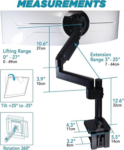 Heavy Duty Monitor Arm for Ultrawide Monitors up to 57" and 44 lbs, Single Desk Stand, Pneumatic Height Adjustable, Modular Extension Arms - Max VESA 100x100, Black, MA20P-S in Kuwait