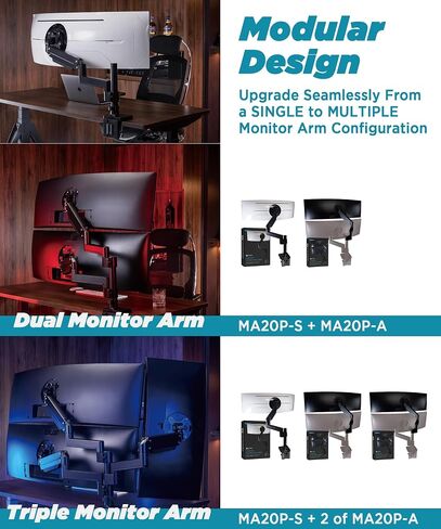 Heavy Duty Monitor Arm for Ultrawide Monitors up to 57" and 44 lbs, Single Desk Stand, Pneumatic Height Adjustable, Modular Extension Arms - Max VESA 100x100, Black, MA20P-S in Kuwait