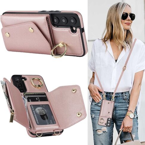for Samsung Galaxy S22 Plus (Not S22 / S22 Ultra) Case for Women, Crossbody Wallet Case with Credit Card Holder Lanyard Shockproof Purse Kickstand Case for Samsung S22 Plus.Crossbody Black in Saudi Arabia