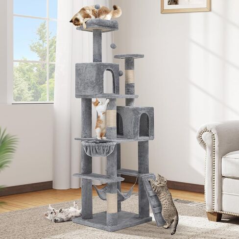 DWVO 75-inch Indoor Cat Tree Tower, Multi-Level Pet Playground, Cat Furniture with Scratch Posts, Hideaway Condos, Soft Perch, Snug Hammock, Climbing Ladder, and Plush Balls for Kittens (Light Gray) in Saudi Arabia