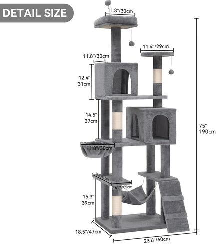 DWVO 75-inch Indoor Cat Tree Tower, Multi-Level Pet Playground, Cat Furniture with Scratch Posts, Hideaway Condos, Soft Perch, Snug Hammock, Climbing Ladder, and Plush Balls for Kittens (Light Gray) in Saudi Arabia