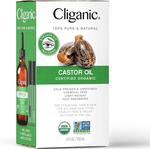 Cliganic Organic Castor Oil, 100% Pure (2oz with Eyelash Kit) - For Eyelashes, Eyebrows, Hair & Skin in Saudi Arabia