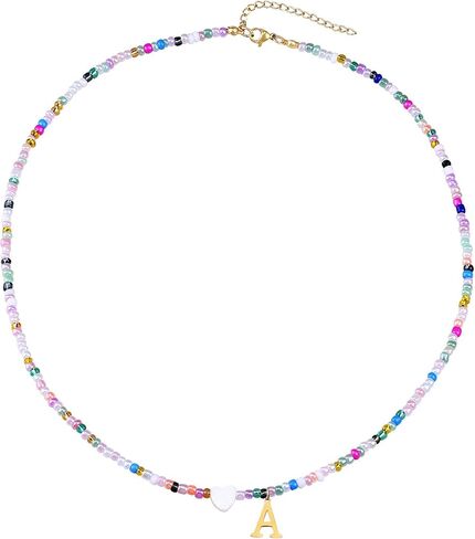 Handmade Cute Colorful Beaded Shell Love Initial Necklace - Trendy Choker Necklace for Women Teens, Gold Letter Charm Necklace Jewelry Gifts Best Friend Friendship (M) in Kuwait