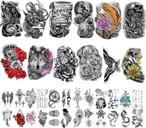 Yazhiji 36 Sheets Temporary Tattoos Stickers, 12 Sheets Fake Body Arm Chest Shoulder Tattoos for Men or Women with 24 Sheets Tiny Black in Saudi Arabia