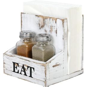 MyGift Vintage Gray Solid Wood Napkin and Salt and Pepper Shaker Caddy, 2 Compartment Napkin Holder and Condiment Server with White EAT Label
